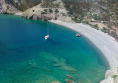 Boat arrival at Agios Minas beach in Olympos Karpathos